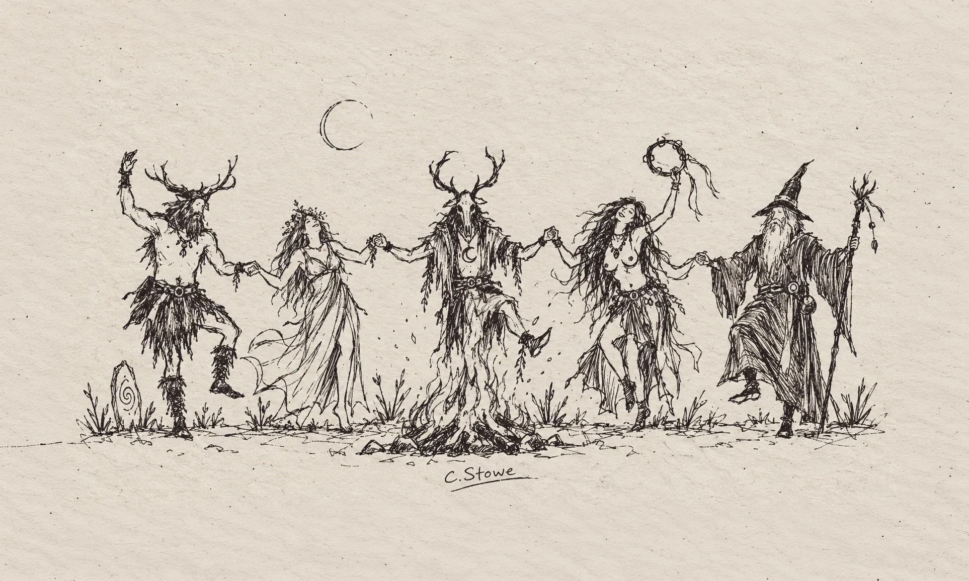 Pen drawing of a varied Pagan circle dancing hand in hand around a fire