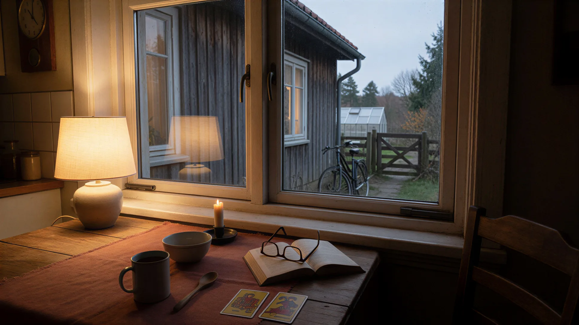 An open book and tarot cards on a candlelit table