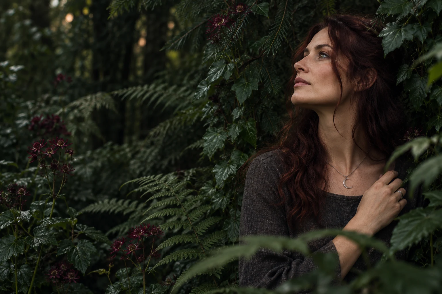 A woman surrounded by dark woodland foliage